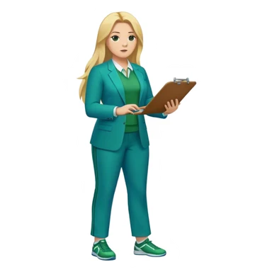 Full Body white plus size female basketball head coach using a clipboard with long blonde hair in a blue and green suit sticker