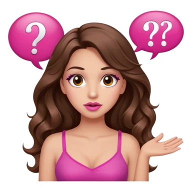 girl with long wavy brown hair, brown eyes, long lashes makeup, sexy pink lips, light to medium complexion, wearing a pink sexy top, shugging, question mark one speech bubble sticker