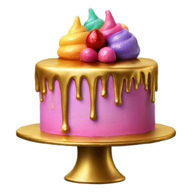 Realistic isolated colorful cake with metallic gold icing dripping from top and all down along the cake sticker