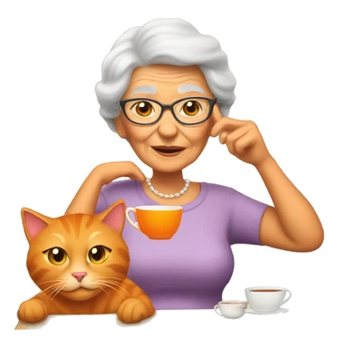 Grandma with hot tea on a couch with her orange cat  sticker