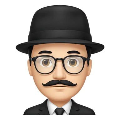 black hair dad in black suit and glasses with mustache and a hat sticker