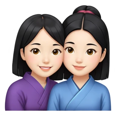 Two cute Japanese girls with straight black hair and East Asian features, faces pressed together cheek to cheek, smiling happily sticker