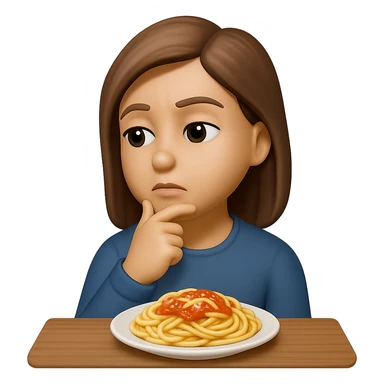 donna che guarda pensierosa un piatto di pasta, stile emoji iphone, iperrealistico 4k sticker