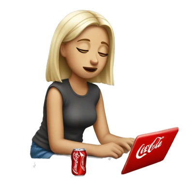 tired girl with laptop drinking coca-cola sticker