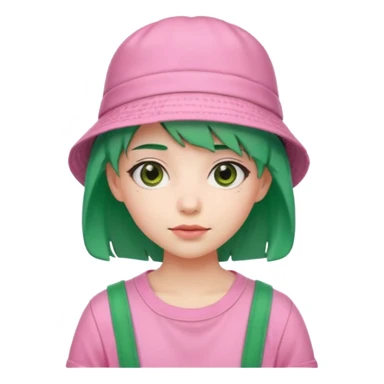 Stylish pink outfit with bucket hat, green hair sticker