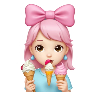 Cute chibi style girl Panda with big pink bow above ear eating and ice cream  sticker