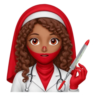 Lilith scalpel in hand, evil surgeon sexy surgeon clothes.  She has red eyes. She brown long curly hair. Wears sexy doctor outfit with red gloves. Covers mouth necknose with red burka to hide her identity sticker