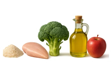 Riso basmati
Petto di pollo
Verdura fibrosa verde
Olio EVO
Mela
vista frontale, iperrealistico 4k sticker