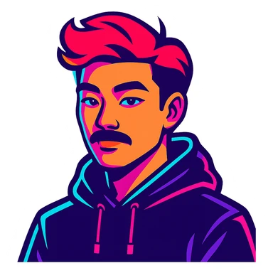 Asian man with black mustache, red hair, black hoodie, in vibrant neon-lit 80's cyberpunk anime style sticker