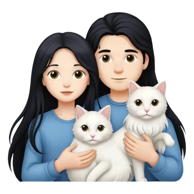 A young boy and a girl with long black hair holding a white long-haired cat sticker