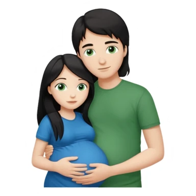 Make a couple emoji they are 18. The girl has long black hair and blue eyes and is hugging a pregnant boy with brown hair and green eyes they are both wearing the same colour top.  sticker