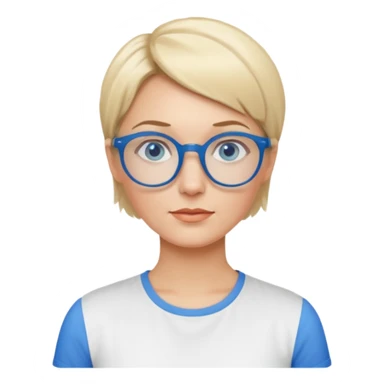 femme 40 ans cheveux courts garçon blond avec raie sur le coté, yeux bleu et lunettes rondes bleues sticker
