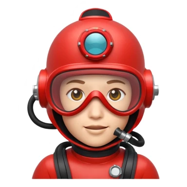 3D cartoon-style human character in the Apple emoji style, wearing a red scuba diving helmet with glass visor sticker