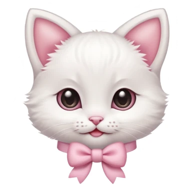 A tiny white kitten with innocent eyes, rosy pink cheeks, and an adorable smile, sporting a dainty pink bow on its head sticker