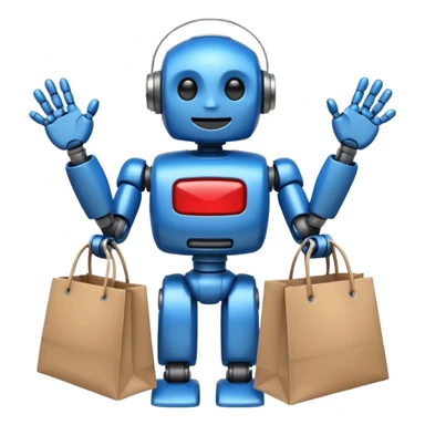 black friday robot with blue and metalic colours with bags in his hands smiling sticker