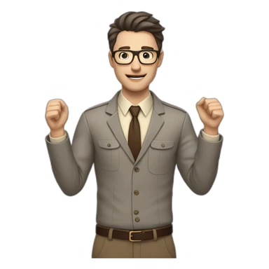 To belt Actively gesturing with hands Pale skinned fit man teacher with dark brown hair in gray jacket, beige office shirt, brown tie, brown pants and vintage glasses. sticker