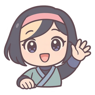 Sexy anime chibi style: kawaii chibi ninja girl with black short hair and a blonde streak, only head and arms, big sparkling anime eyes, rounder face, small mouth, soft shading, pastel colors, clean outlines, transparent background, no mask, hand fully raised, waving, smiling, subtle sexy charm, sized for Twitch emoji use. sticker