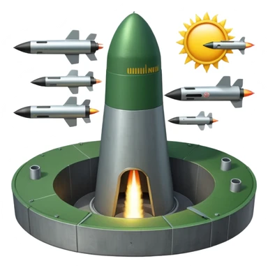 green landscape with sun in top of the background, there is a missile silo hatch open, and the top two thirds of a nuclear missile launching out of the silo is shown sticker