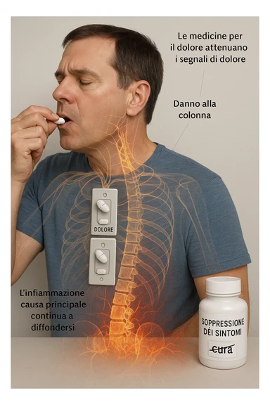 Realistica Man taking pain medication for chronic back pain, pills shown as dimmer switches turning down pain signals in transparent nervous system overlay, underlying spinal damage remaining completely untreated and worsening, expression of temporary relief masking progressive deterioration, medication bottle labeled 'symptom suppression' not 'cure', root cause inflammation continuing to spread in italiano sticker