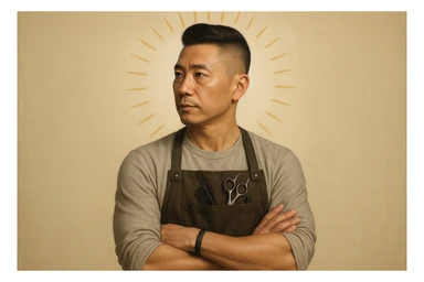 shu pozada turgan faqat o'ng tarafga qarab turgan sartarosh ustani tasvirlab ber realistik uslubda yoshi kattaroq soqol shart emas va osiyolik erkak  sticker