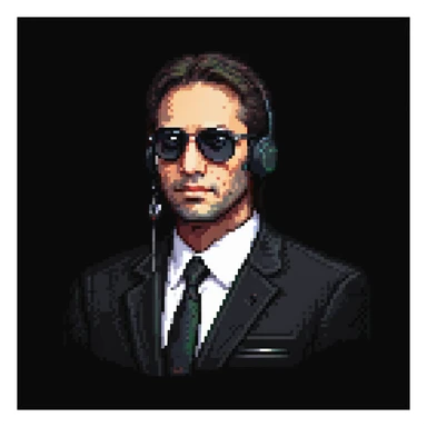 Mossad spy wearing a dark suit, sunglasses, and earpiece, mysterious expression, pixel art style, simple background sticker