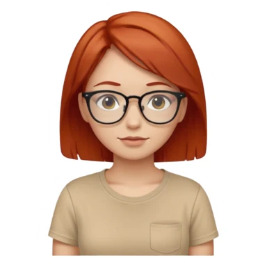 girl short-layer-red-hair wear beige T-shirt, wear glasses sticker