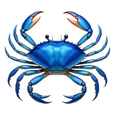 Cinematic Noble Blue Crab Portrait Emoji, Poised and commanding, with a sturdy, angular build and a brilliantly iridescent blue exoskeleton accented by robust, gleaming claws, deep-set piercing eyes, Simplified yet sharp and sophisticated features, highly detailed, glowing with a cool, oceanic glow, high shine, intelligent and resilient, stylized with an air of marine authority, focused and attentive, soft glowing outline, capturing the essence of a watchful and confident blue crab that feels as though it could scuttle out of the screen with effortless authority! sticker