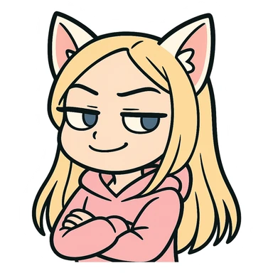 chibi anime catgirl Twitch emote, white cat ears, blonde extremely long hair, blue eyes, white skin, cute, pastel pink hoodie, smug expression sticker