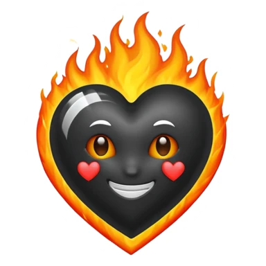 Black heart on fire, white lines inside of the heart to symbolize a smiling face sticker