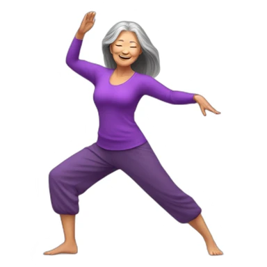 Long hair Asian senior woman in sexy purple yoga cloth dancing Zumba sticker