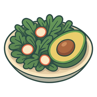 Edit the image to show the avocado as a halved avocado with the pit visible, keep the rest of the plate the same, in 2D isometric illustration style, with no background. sticker