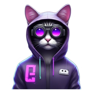 Russian cat wearing a black hoodie with "OMG" letters on it and VR headset in a cyberpunk VR environment with violet neon lighting. sticker
