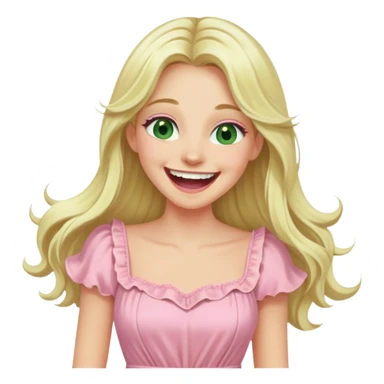 blonde with long hair and swamp eyes in a pink pastel dress, laughing sticker