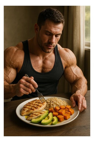 realistic scene of a muscular bodybuilder eating a balanced meal for muscle hypertrophy, plate rich in proteins, carbohydrates, and healthy fats, muscular physique, natural details, 2:3 aspect ratio sticker