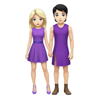 prince, standing upright, black Hair, blue eyes, garment,  woman, bending knee, sleveless white dress, blonde hair, green eyes, sticker