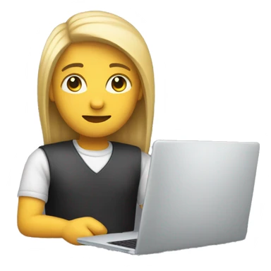 Create a developer emoji with not so white skin and straight hair, featuring a laptop, coding symbols, and a friendly expression sticker