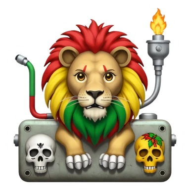 Create a power station with a rasta cap on with red gold green grafite of a lion and skulls with Fred the fossibot grafted on it sticker