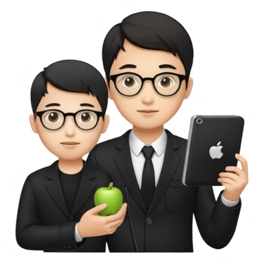 a asia white man guy his 26olds wearing an apple notebook, wearing bodyguard radio operator, round glasses, black clothes sticker