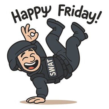 flat toon style SWAT officer breakdancing, happy Friday mood sticker