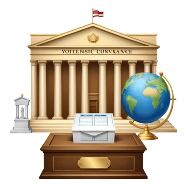 An icon featuring a ballot box with a voting paper, a government building with columns, and a scale of justice, symbolizing political science. The design includes a world map in the background, representing global political systems. Transparent background highlights governance and civic studies. sticker