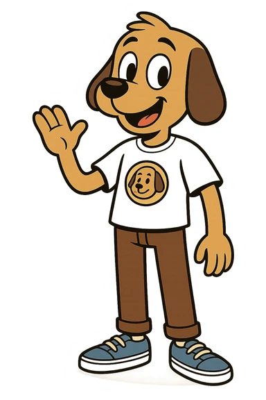 A boy dog mascot logo t-shirts brown trousers blue vans shoe  sticker
