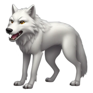 silvery-white, bipedal wolf with an elongated snout, gray "mask" marking on his face and sharp teeth sticker