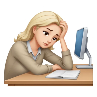 Tired woman leaning head on one hand, elbow on desk sticker