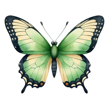 A minimalist watercolor illustration of a butterfly with green hues and fine details, set against a soft beige canvas.
 sticker