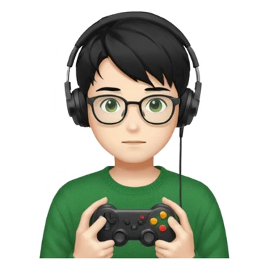 
gamer, Gorgeous green sweater black hair anime style shojo guy glasses, headphone, gamepad sticker