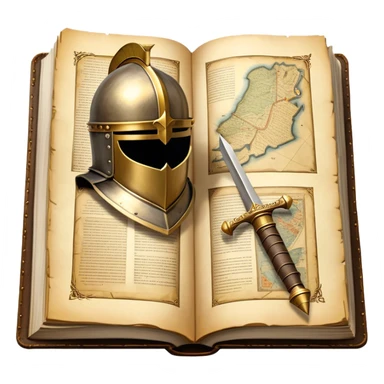 Icon for Historical Fiction Reading: an open book with pages showing ancient scrolls, a quill, a knight's helmet, and a parchment map. The icon should evoke the adventure and grandeur of historical settings and storytelling. Transparent background. sticker