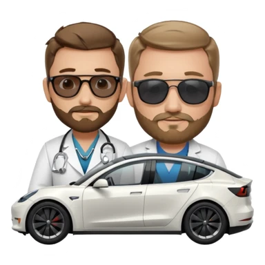 White tesla model 3 and one cool physician with dark blond hair, beard, stetoscope and dark sunglasses next to it sticker