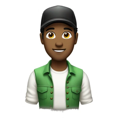A singer with a white shirt, black hair, brown skin and a green cap sticker