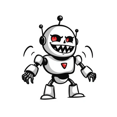 Hand-drawn evil robot with scary face and mechanical parts sticker