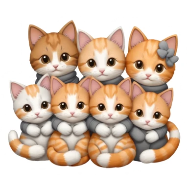 6 tiny kittens cuddling together all various different natural colours including solid grey with white mittens, grey and white, ginger and white, calico, and brown and white sticker
